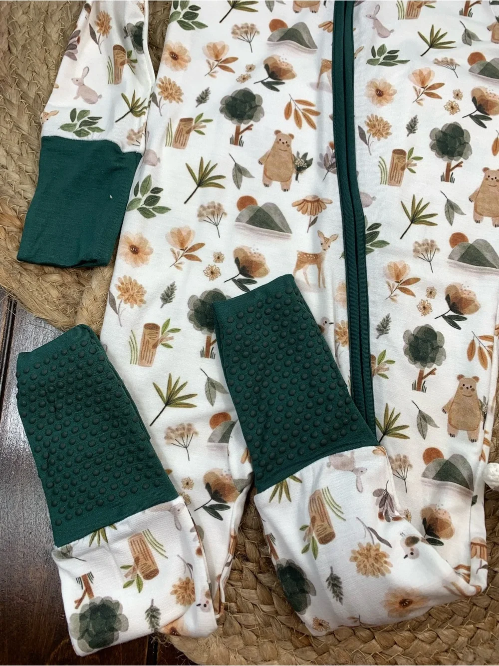 Baby Bamboo Gender Neutral One-Piece Zipper Romper in Forest Green and Cream